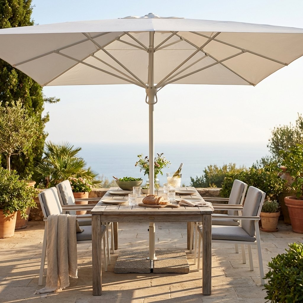 Ombrellone da giardino quadrato 395x395 cm con palo centrale in alluminio e telo bianco - QUORONSOR Ombrellone da giardino quadrato 395x395 cm con palo centrale in alluminio e telo bianco - QUORONSOR