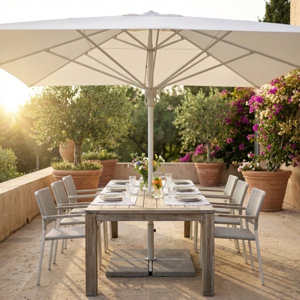 Ombrellone da giardino quadrato 395x395 cm con palo centrale in alluminio e telo bianco - QUORONSOR