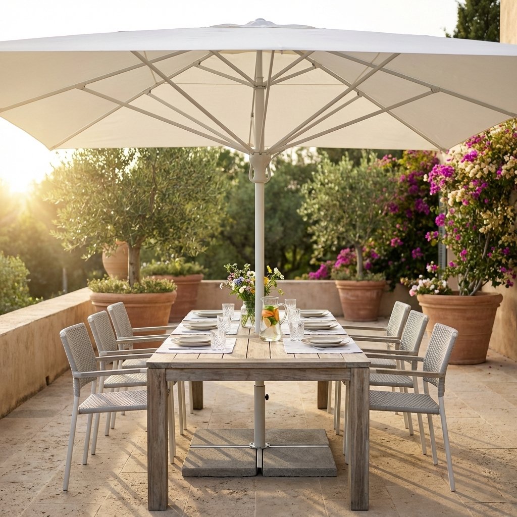 Ombrellone da giardino quadrato 395x395 cm con palo centrale in alluminio e telo bianco - QUORONSOR Ombrellone da giardino quadrato 395x395 cm con palo centrale in alluminio e telo bianco - QUORONSOR