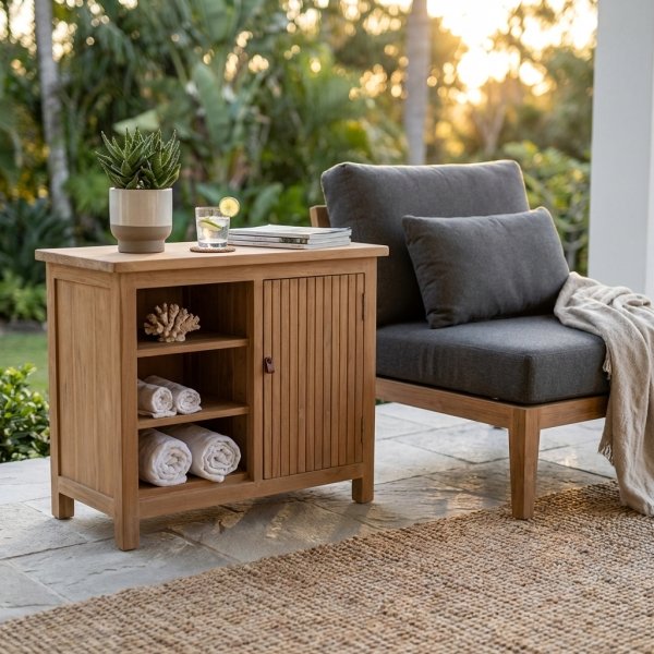 Mobile contenitore da esterno in teak con anta scorrevole e ripiani 90x37,5x80 cm - PEROVEX