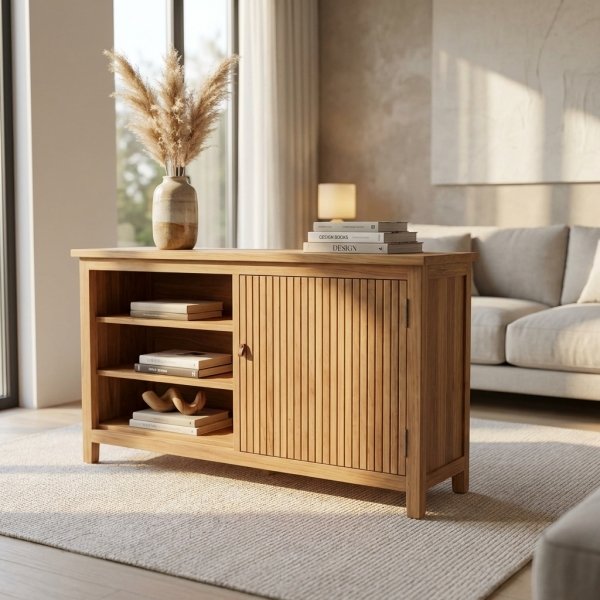 Credenza in legno di teak con ante a doghe e ripiani aperti 150x45x80 cm - PEROVEX