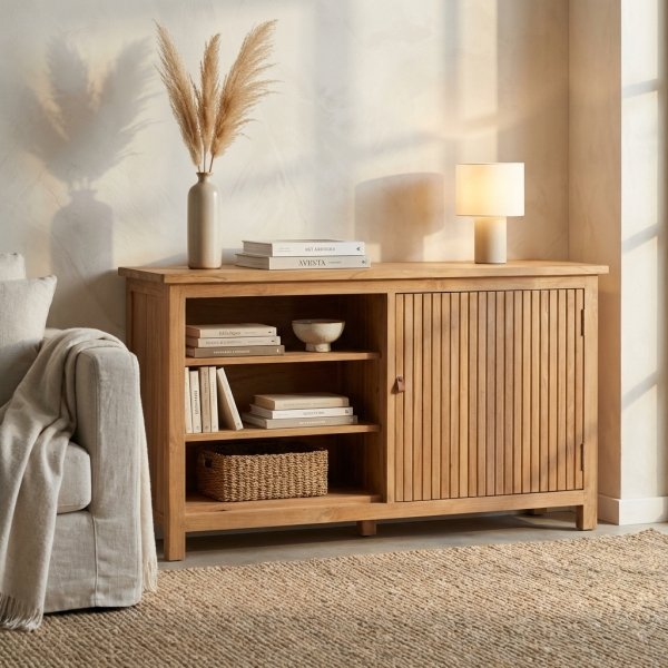 Credenza in legno di teak con ante a doghe e ripiani aperti 150x45x80 cm - PEROVEX