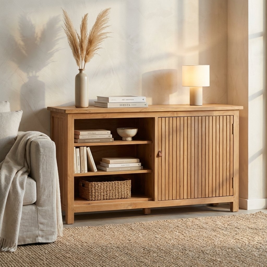 Credenza in legno di teak con ante a doghe e ripiani aperti 150x45x80 cm - PEROVEX Credenza in legno di teak con ante a doghe e ripiani aperti 150x45x80 cm - PEROVEX