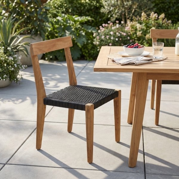 Sedia da giardino in teak con seduta intrecciata in corda 55x55x88 cm - TORULMOND