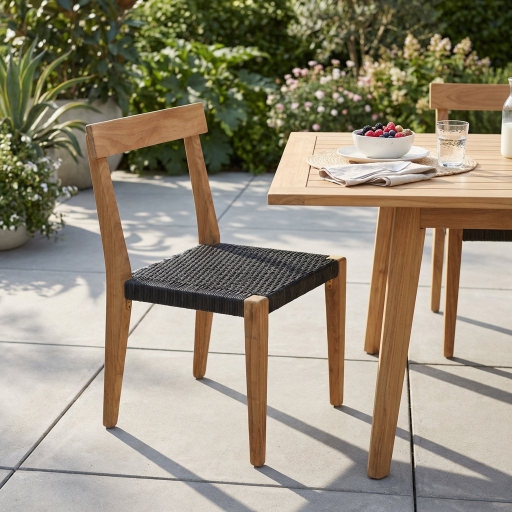 Sedia da giardino in teak con seduta intrecciata in corda 55x55x88 cm - TORULMOND Sedia da giardino in teak con seduta intrecciata in corda 55x55x88 cm - TORULMOND
