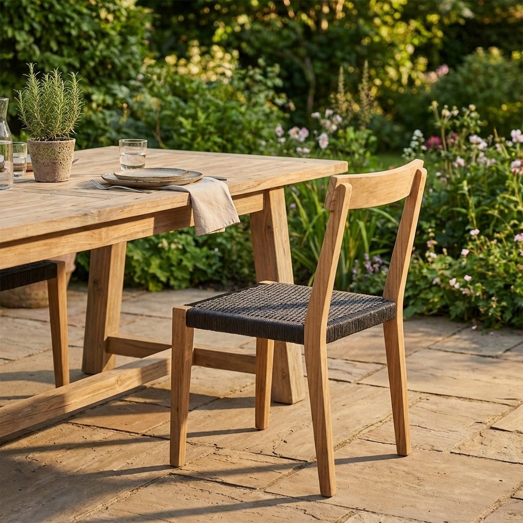 Sedia da giardino in teak con seduta intrecciata in corda 55x55x88 cm - TORULMOND Sedia da giardino in teak con seduta intrecciata in corda 55x55x88 cm - TORULMOND