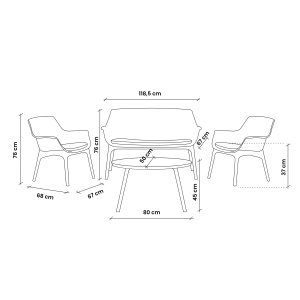 Salotto da giardino in polipropilene antracite, divano 2 posti 118,5 cm, 2 poltrone e tavolino - SELELNOR