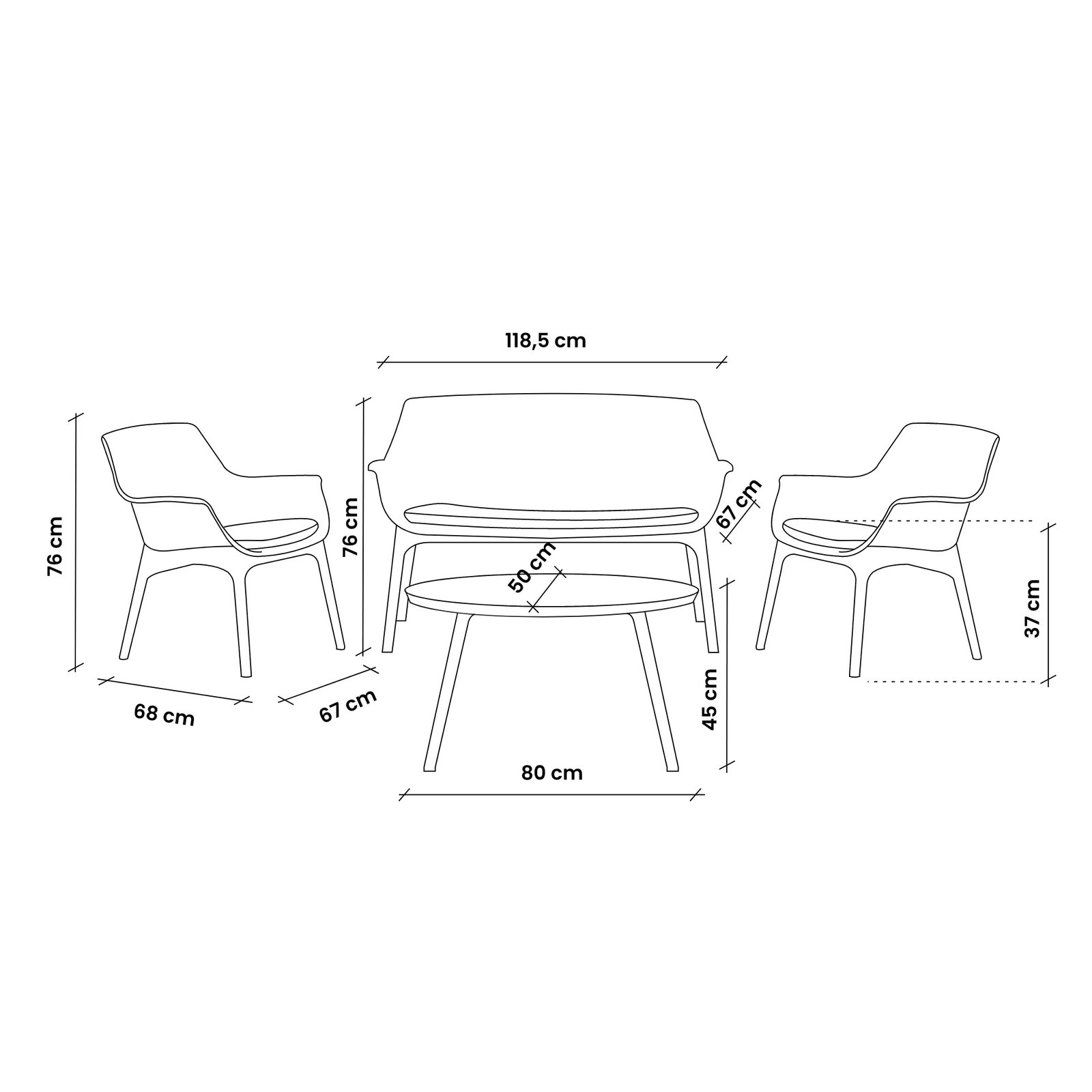 Salotto da giardino in polipropilene antracite, divano 2 posti 118,5 cm, 2 poltrone e tavolino - SELELNOR