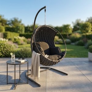 Dondolo da Giardino a Uovo in Corda Intrecciata con Struttura in Metallo 106x105x196 cm - SELARTHAS Dondolo da Giardino a Uovo in Corda Intrecciata con Struttura in Metallo 106x105x196 cm - SELARTHAS