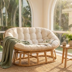 Divano due posti in rattan naturale con cuscini in cotone ecru 99x173x109 cm - KALENMIRA Divano due posti in rattan naturale con cuscini in cotone ecru 99x173x109 cm - KALENMIRA