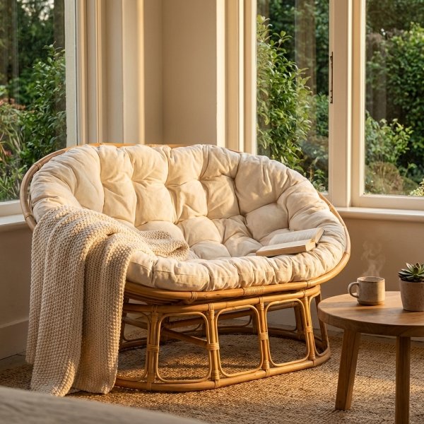 Divano due posti in rattan naturale con cuscini in cotone ecru 99x173x109 cm - KALENMIRA