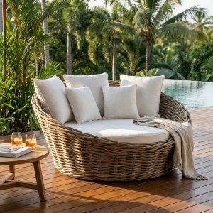 Divano rotondo da esterno in fibra naturale con cuscini in cotone ecru 82x152x150 cm - BELOLVEN