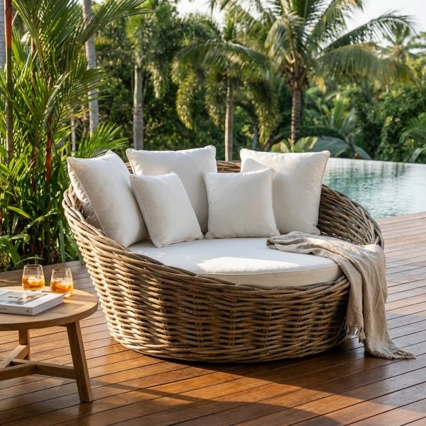 Divano rotondo da esterno in fibra naturale con cuscini in cotone ecru 82x152x150 cm - BELOLVEN