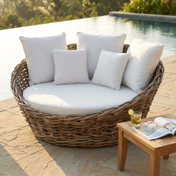 Divano rotondo da esterno in fibra naturale con cuscini in cotone ecru 82x152x150 cm - BELOLVEN