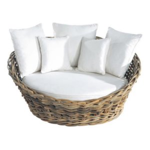 Divano rotondo da esterno in fibra naturale con cuscini in cotone ecru 82x152x150 cm - BELOLVEN