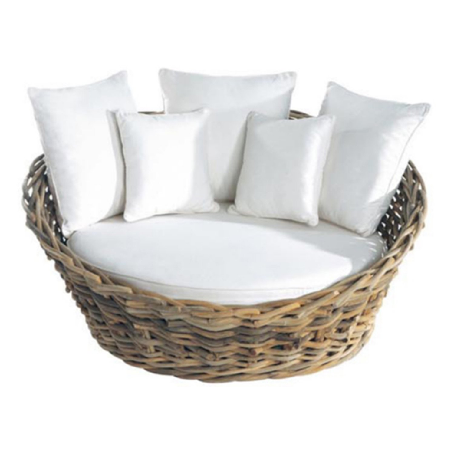 Divano rotondo da esterno in fibra naturale con cuscini in cotone ecru 82x152x150 cm - BELOLVEN