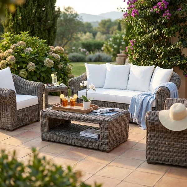 Salotto da giardino 2 posti in fibra naturale intrecciata, cuscini in cotone ecru, 81x204x100 cm - PERELUNA