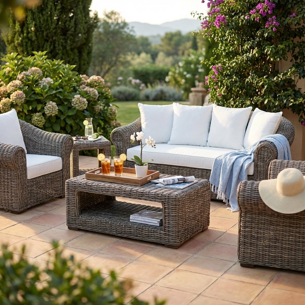 Salotto da giardino 2 posti in fibra naturale intrecciata, cuscini in cotone ecru, 81x204x100 cm - PERELUNA