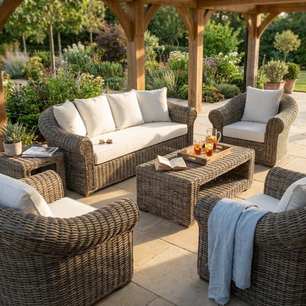 Salotto da giardino 2 posti in fibra naturale intrecciata, cuscini in cotone ecru, 81x204x100 cm - PERELUNA