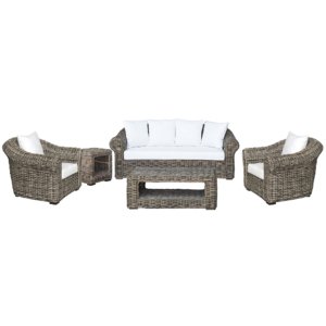 Salotto da giardino 2 posti in fibra naturale intrecciata, cuscini in cotone ecru, 81x204x100 cm - PERELUNA