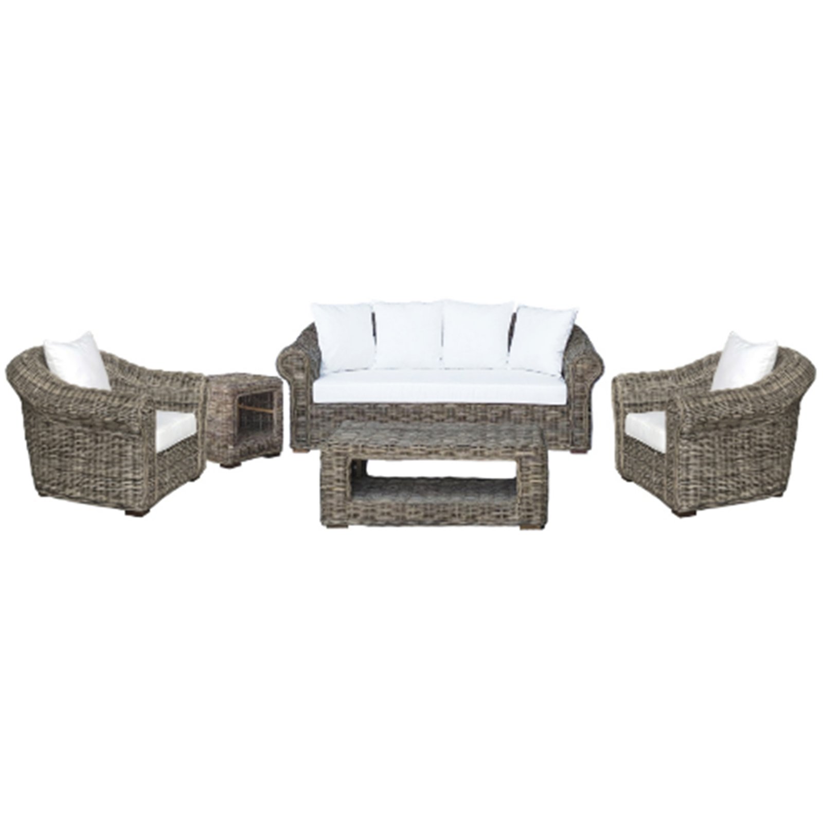 Salotto da giardino 2 posti in fibra naturale intrecciata, cuscini in cotone ecru, 81x204x100 cm - PERELUNA