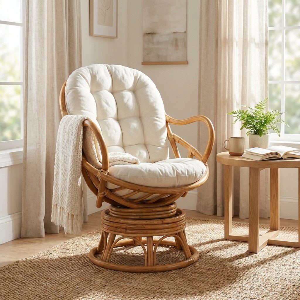 Poltrona girevole in rattan con cuscini in cotone ecru 105x77x80 cm - LORULTIS