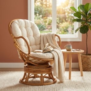 Poltrona girevole in rattan con cuscini in cotone ecru 105x77x80 cm - LORULTIS