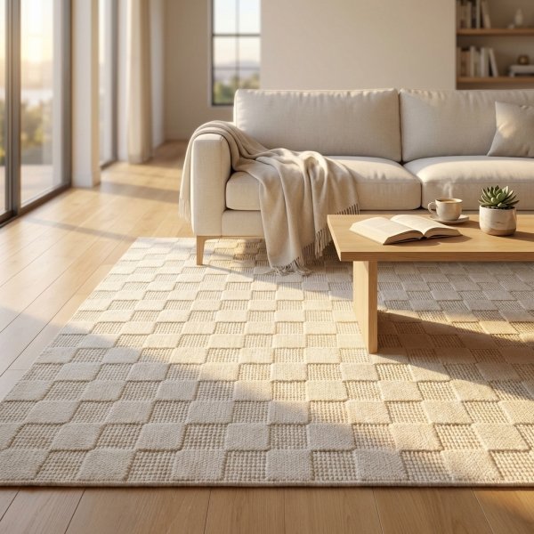 Tappeto rettangolare in lana avorio con motivo a scacchi 160x230 cm - ORADIL