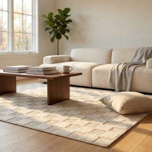 Tappeto rettangolare in lana avorio con motivo a scacchi 160x230 cm - ORADIL Tappeto rettangolare in lana avorio con motivo a scacchi 160x230 cm - ORADIL