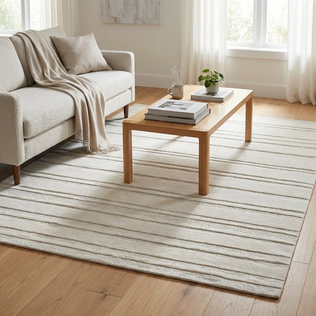 Tappeto in lana avorio a righe 160x230 cm per soggiorno - RALEVEX Tappeto in lana avorio a righe 160x230 cm per soggiorno - RALEVEX
