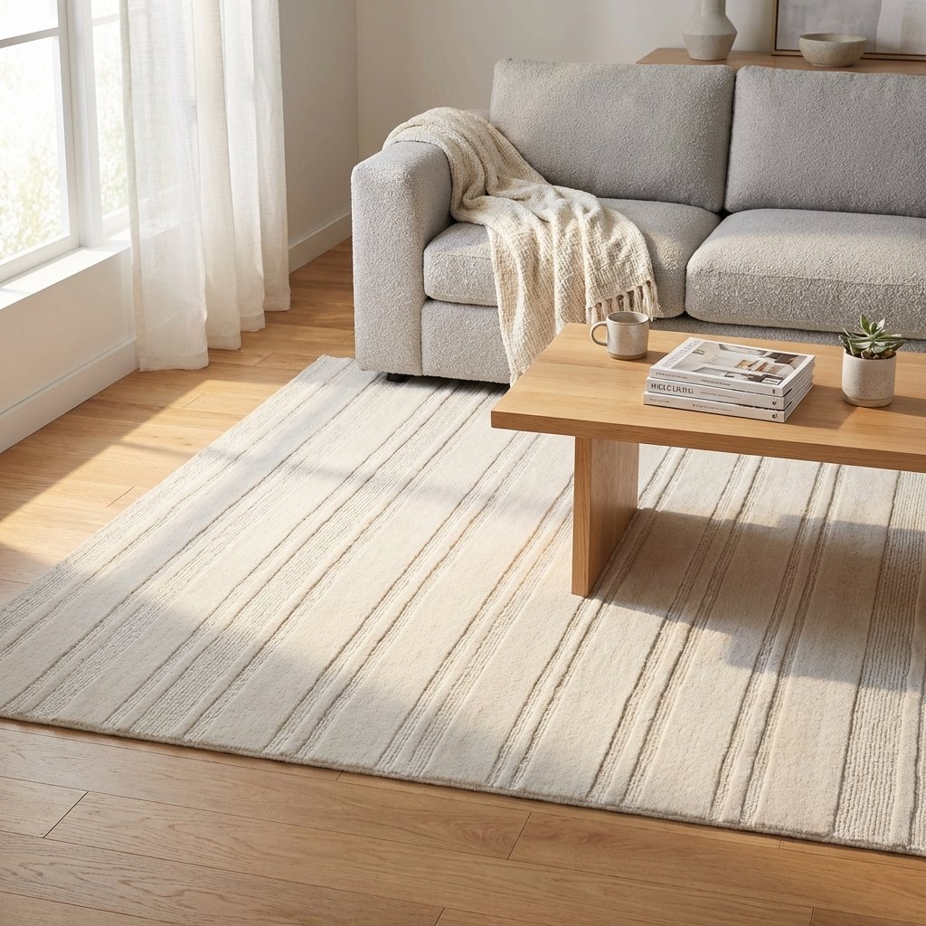 Tappeto in lana avorio a righe 160x230 cm per soggiorno - RALEVEX Tappeto in lana avorio a righe 160x230 cm per soggiorno - RALEVEX