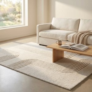 Tappeto in lana avorio con decoro geometrico ondulato 120x180 cm - GALULVEN Tappeto in lana avorio con decoro geometrico ondulato 120x180 cm - GALULVEN