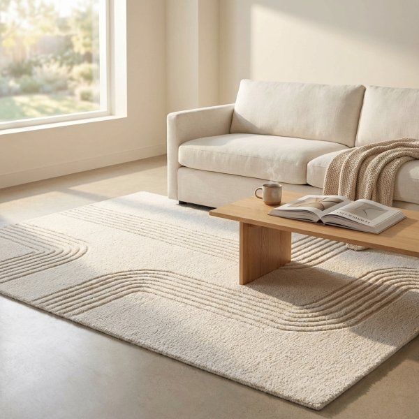 Tappeto in lana avorio con decoro geometrico ondulato 120x180 cm - GALULVEN