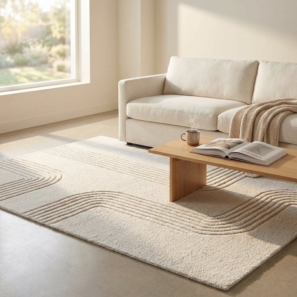 Tappeto in lana avorio con decoro geometrico ondulato 120x180 cm - GALULVEN Tappeto in lana avorio con decoro geometrico ondulato 120x180 cm - GALULVEN