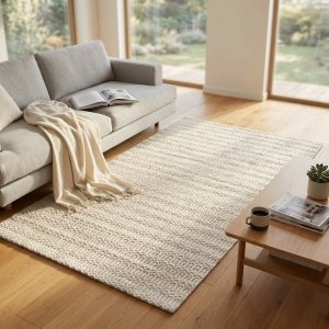 Tappeto rettangolare in lana avorio con decoro intrecciato 160x230 cm - ALERIC Tappeto rettangolare in lana avorio con decoro intrecciato 160x230 cm - ALERIC