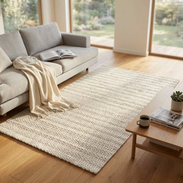 Tappeto rettangolare in lana avorio con decoro intrecciato 160x230 cm - ALERIC