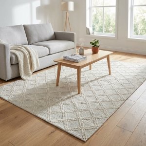 Tappeto in lana avorio con motivo geometrico a rombi 120x180 cm - SELILRIC Tappeto in lana avorio con motivo geometrico a rombi 120x180 cm - SELILRIC