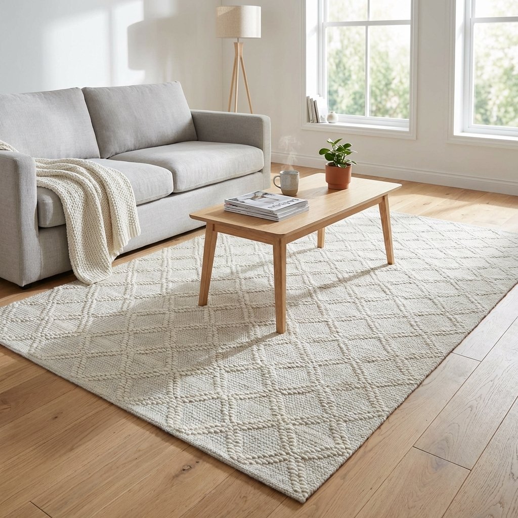 Tappeto in lana avorio con motivo geometrico a rombi 120x180 cm - SELILRIC Tappeto in lana avorio con motivo geometrico a rombi 120x180 cm - SELILRIC