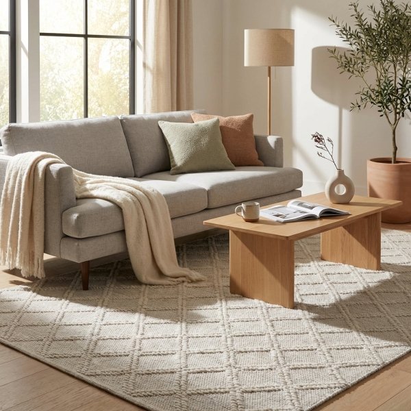 Tappeto in lana avorio con motivo geometrico a rombi 120x180 cm - SELILRIC