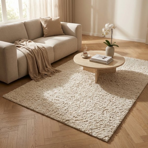 Tappeto rettangolare in lana avorio effetto bouclé con decoro 120x180 cm - HELIRMOND