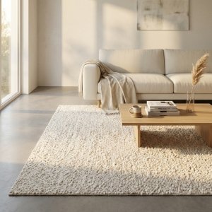 Tappeto in lana avorio tessuto a mano con decoro 160x230 cm - HELIRMOND Tappeto in lana avorio tessuto a mano con decoro 160x230 cm - HELIRMOND