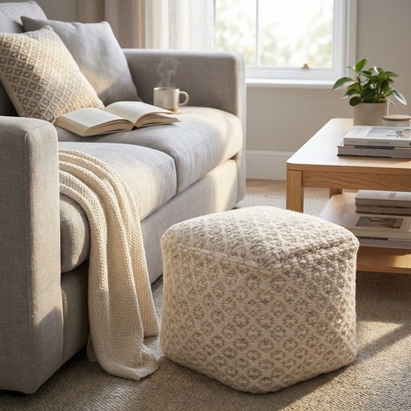 Pouf cubo in lana avorio con decoro 40x40x40 cm - NORENLEN