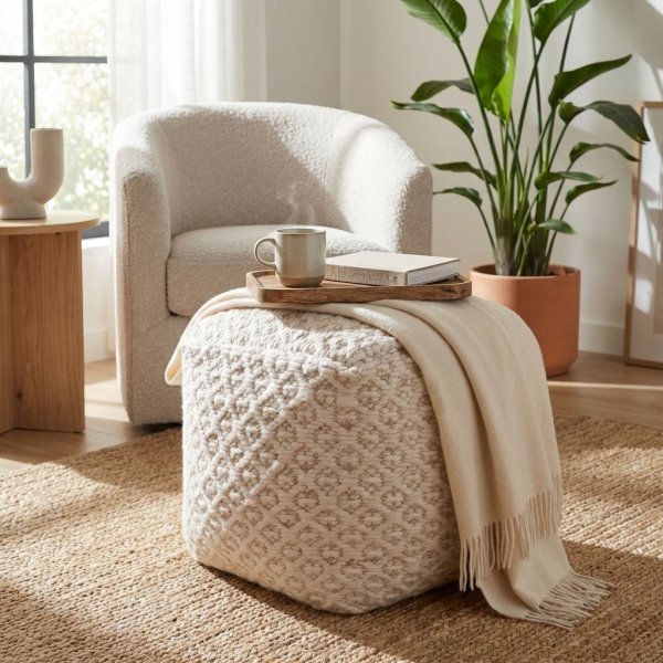 Pouf cubo in lana avorio con decoro 40x40x40 cm - NORENLEN