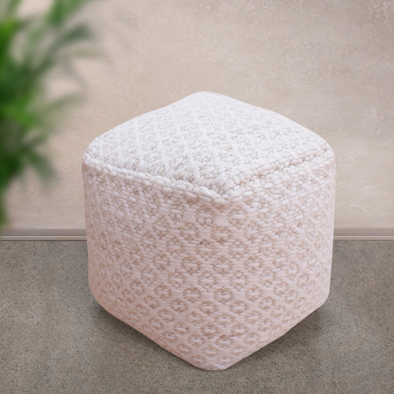 Pouf cubo in lana avorio con decoro 40x40x40 cm - NORENLEN