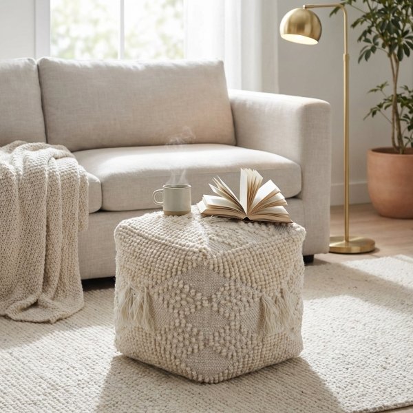 Pouf cubo in lana avorio con nappine stile boho 40x40x40 cm - YORENOR