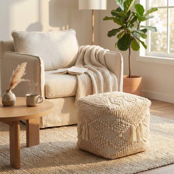 Pouf cubo in lana avorio con nappine stile boho 40x40x40 cm - YORENOR