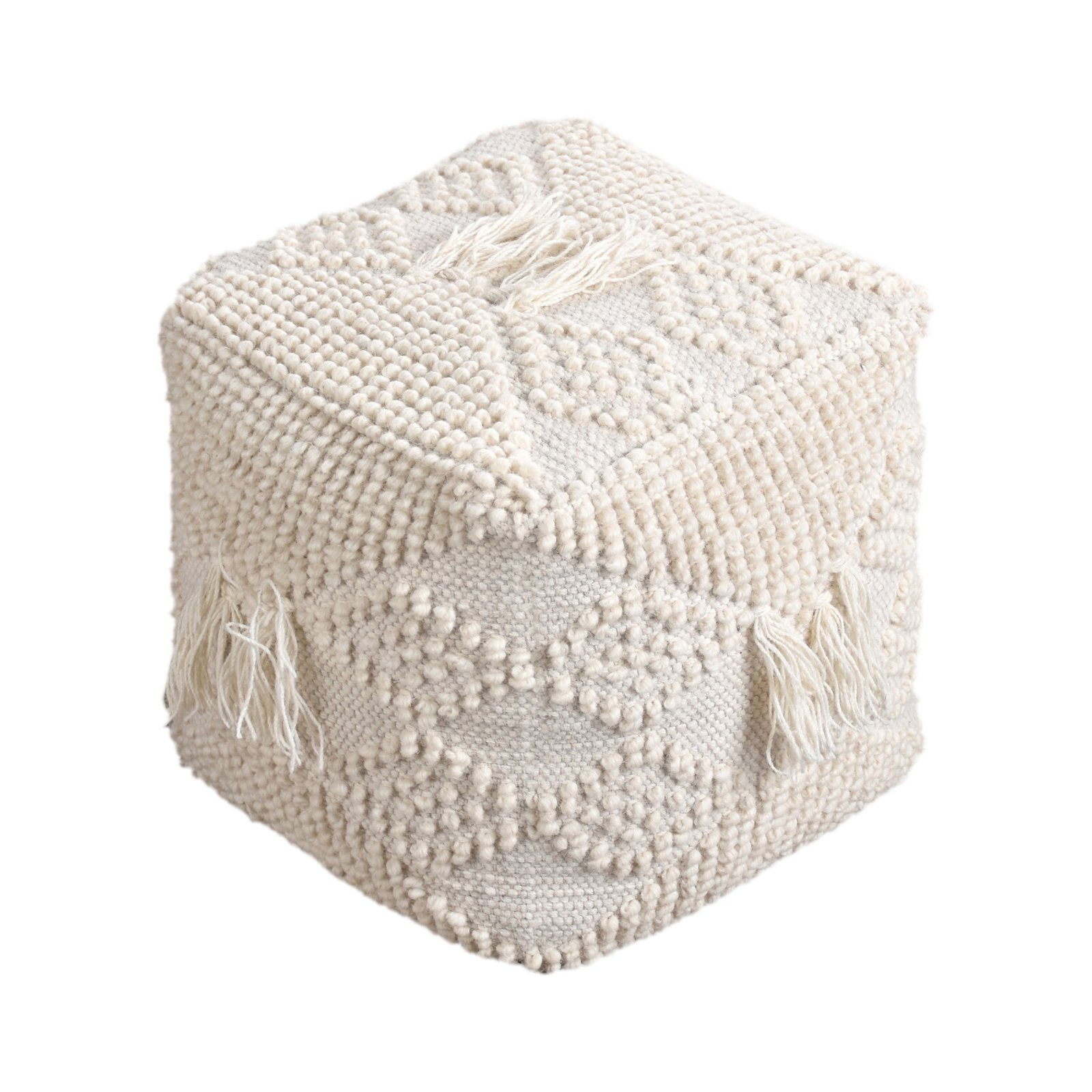Pouf cubo in lana avorio con nappine stile boho 40x40x40 cm - YORENOR Pouf cubo in lana avorio con nappine stile boho 40x40x40 cm - YORENOR