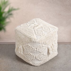 Pouf cubo in lana avorio con nappine stile boho 40x40x40 cm - YORENOR Pouf cubo in lana avorio con nappine stile boho 40x40x40 cm - YORENOR