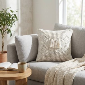 Cuscino decorativo in lana avorio con nappine stile boho 45x45x8 cm - YORENOR