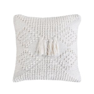 Cuscino decorativo in lana avorio con nappine stile boho 45x45x8 cm - YORENOR